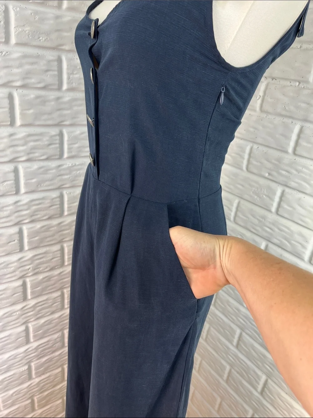 ZARA TRF COLLECTION NAVY BLUE WIDE LEG JUMPSUIT TIE SHOULDER LINEN RAYON SZ XS